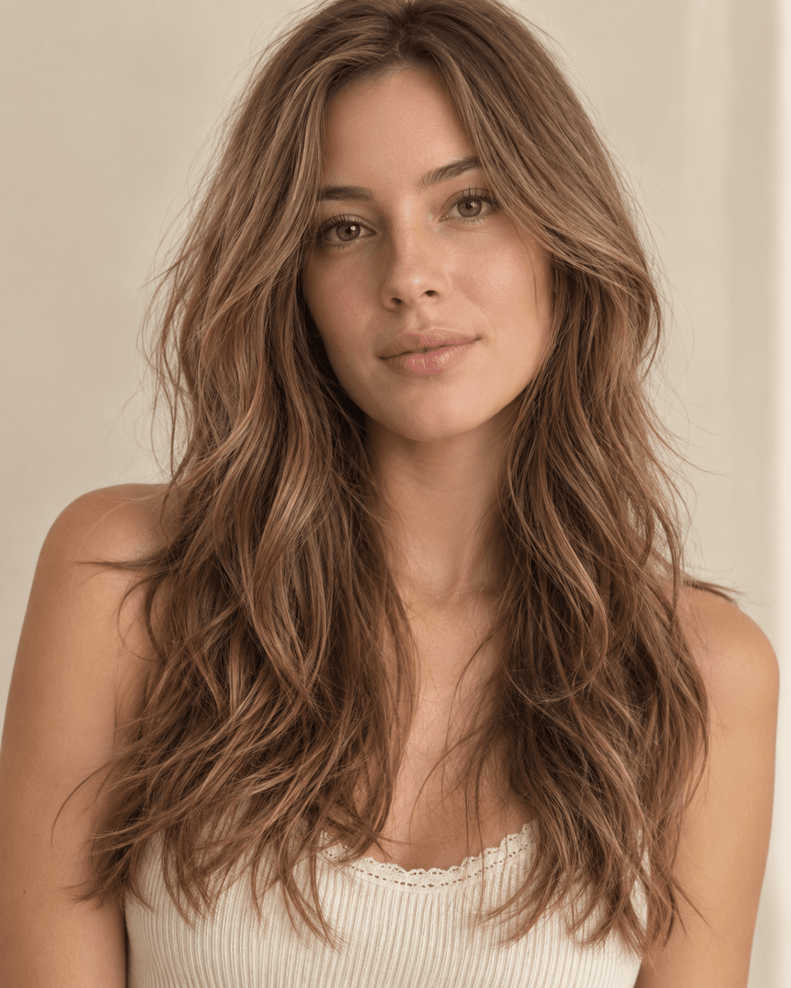 Long wavy hair with soft, feathered layered ends.