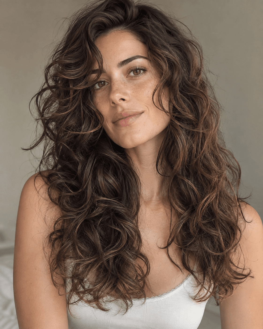 Long wavy layered hair diffused to enhance natural texture.