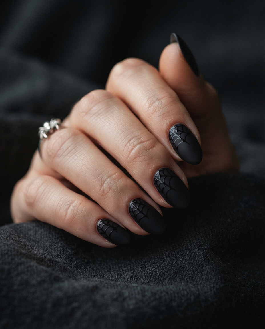 Matte Black Nails With Glossy Spiderwebs