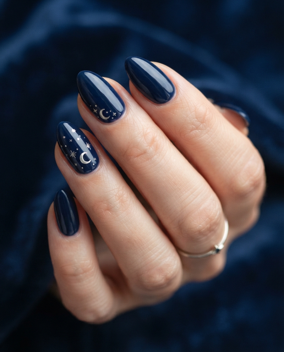Midnight Blue Celestial Nails