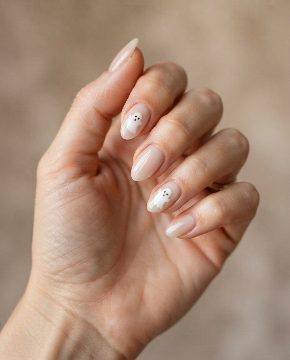 Milky Nude Nails With Tiny White Ghosts