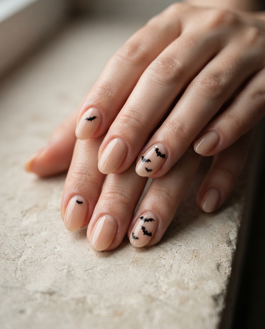 Nude Nails With Tiny Black Bats