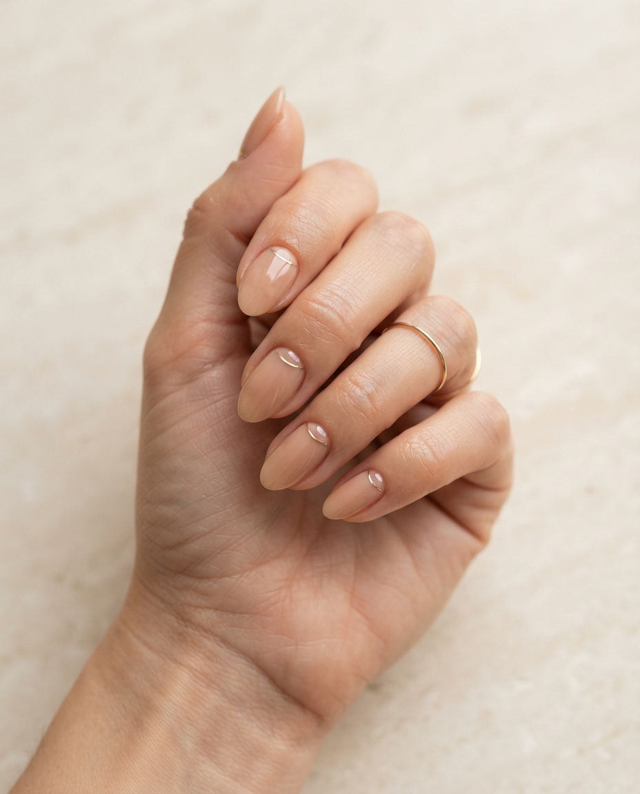 Nude Nails With a Fine Gold Cuticle Line