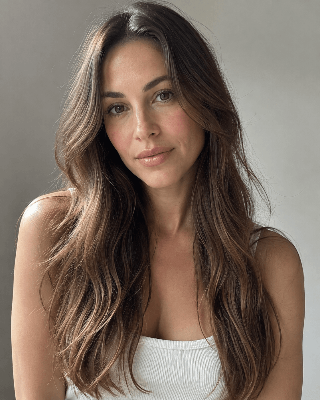 Long brown hair with subtle face-framing layers, rest of the length left one length.