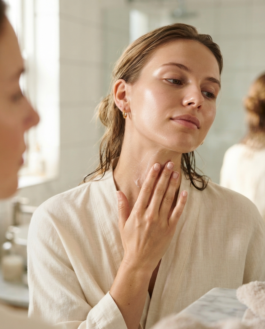 Woman applying moisturizer to her neck as part of a skincare routine.