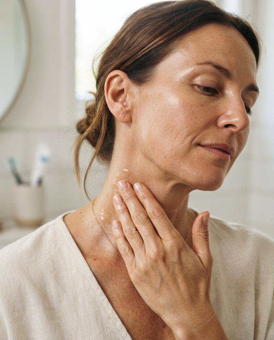 Woman applying vitamin C serum to her neck