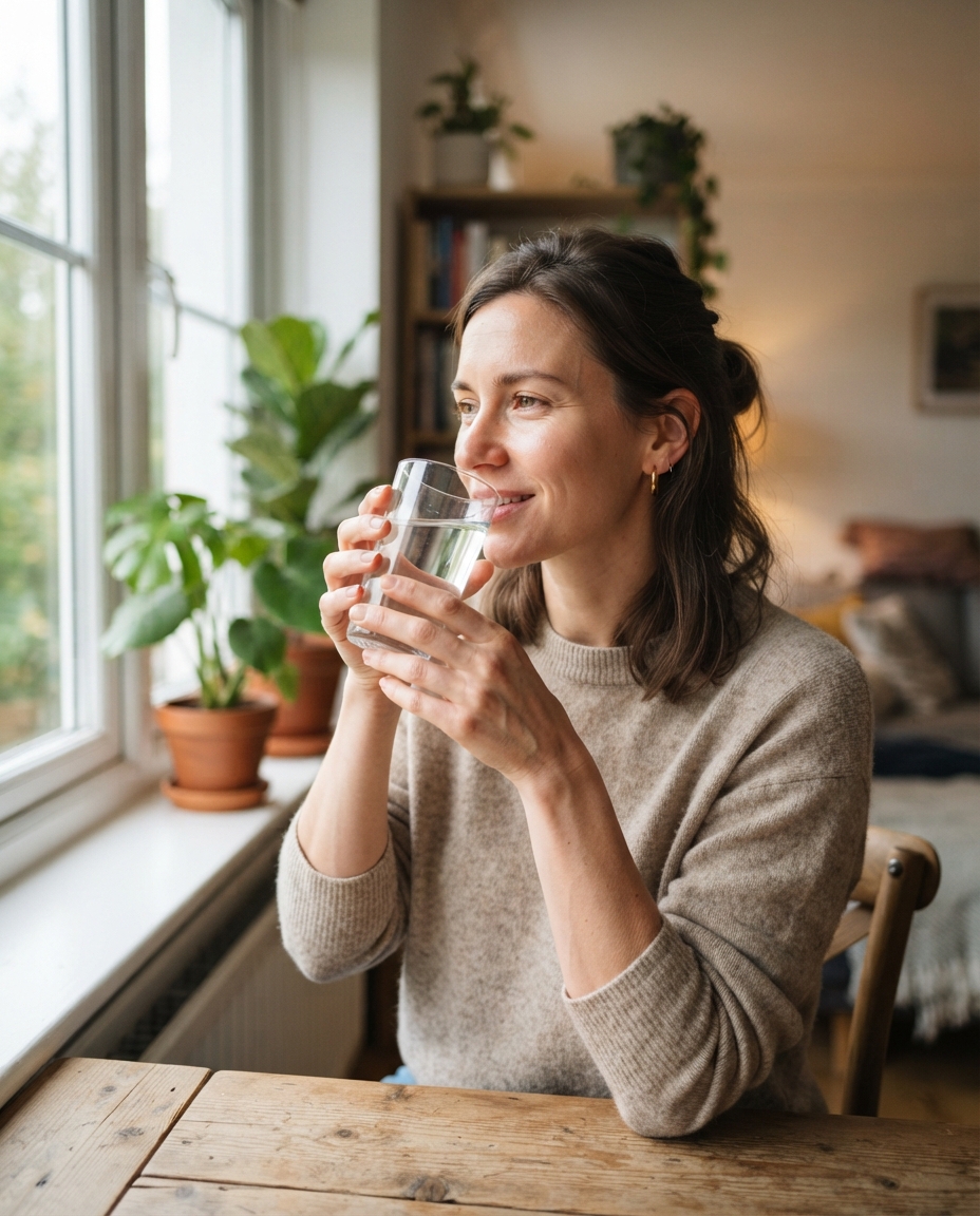 Woman drinking a glass of water as part of a hydration routine.