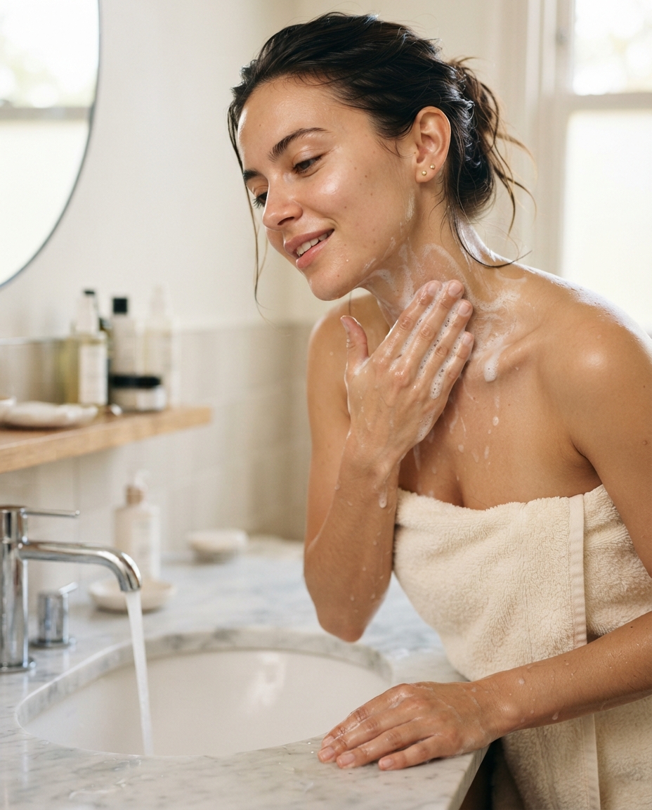 Woman gently cleansing her neck with a hydrating cleanser