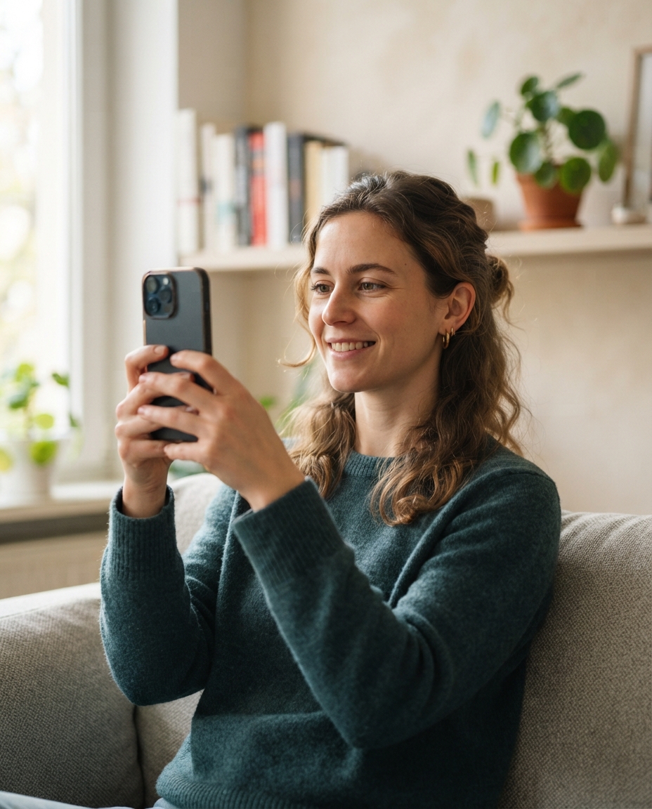 Woman holding her phone at eye level to reduce neck strain