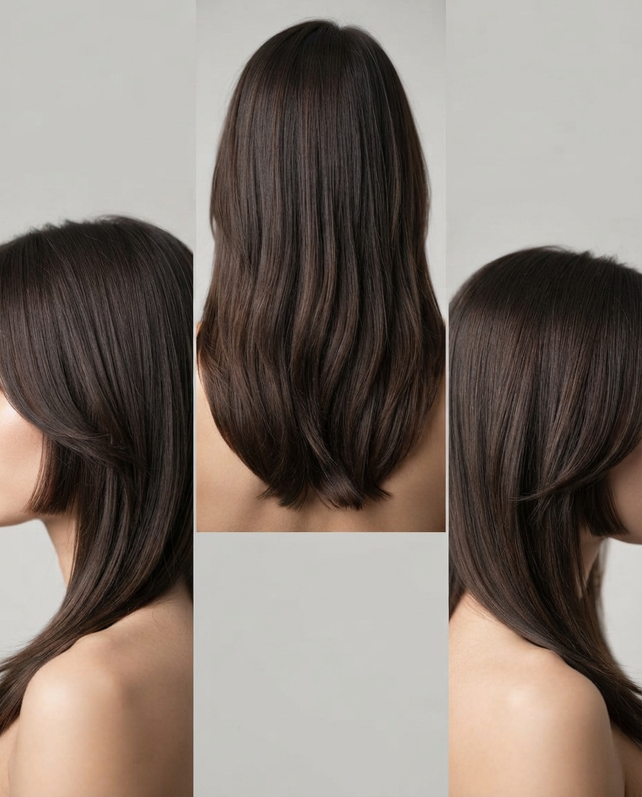 Woman with a heart-shaped face wearing jaw-length front layers