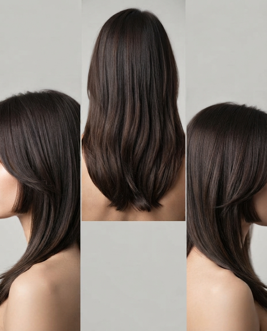 Woman with an oval face shape wearing curtain-style front layers