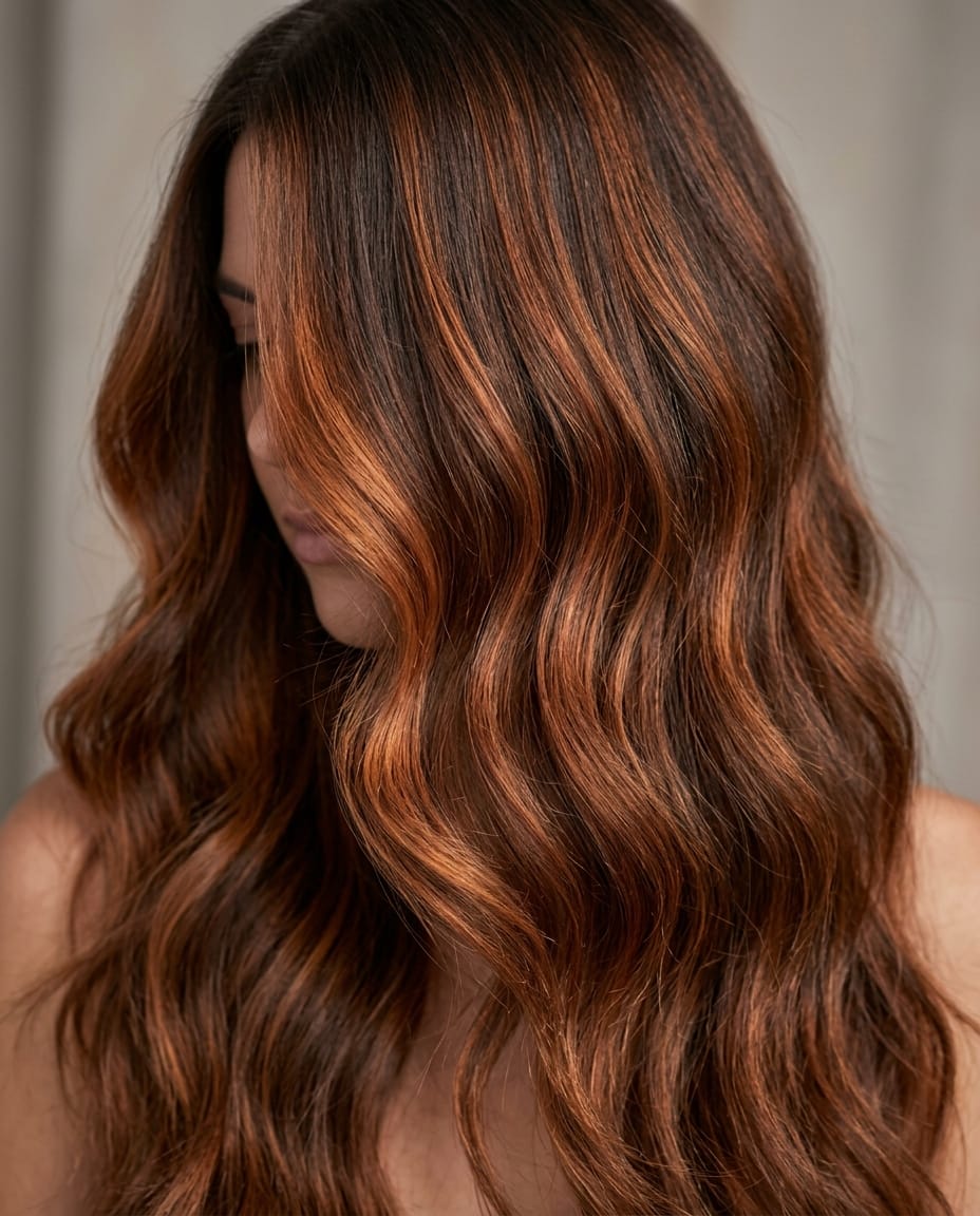 Woman with brunette hair featuring copper balayage highlights