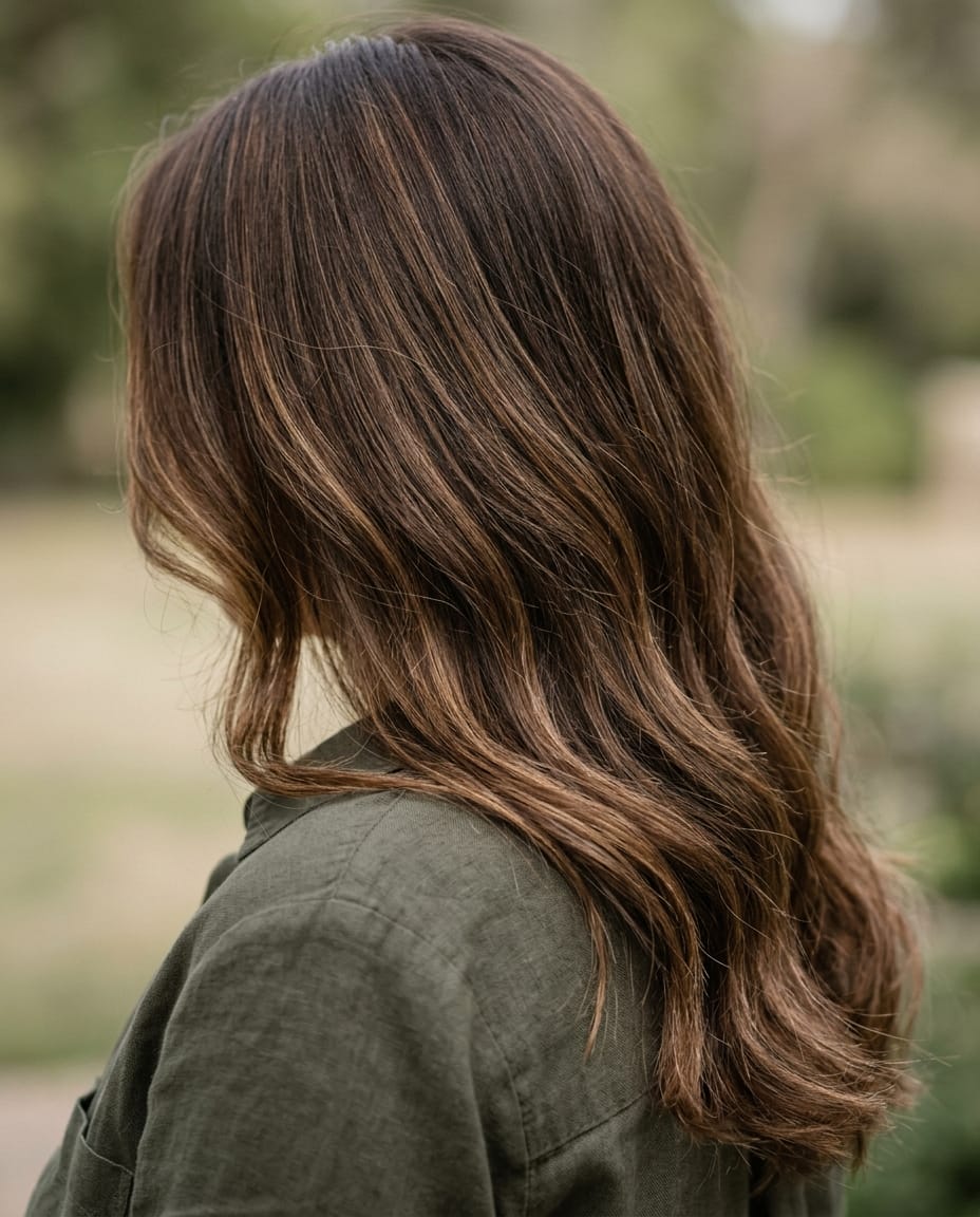 Woman with brunette hair featuring subtle sun-kissed babylights.