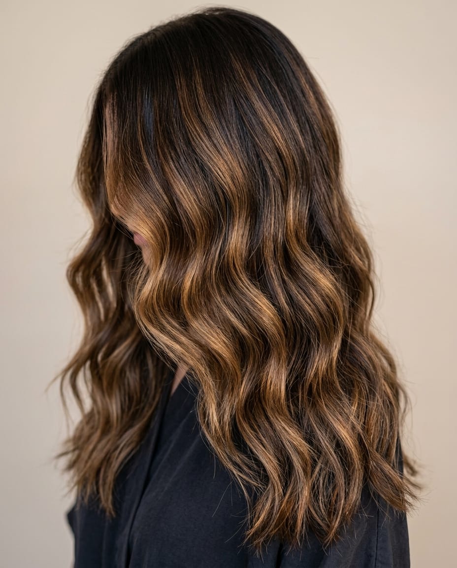 Woman with brunette hair featuring warm caramel balayage highlights