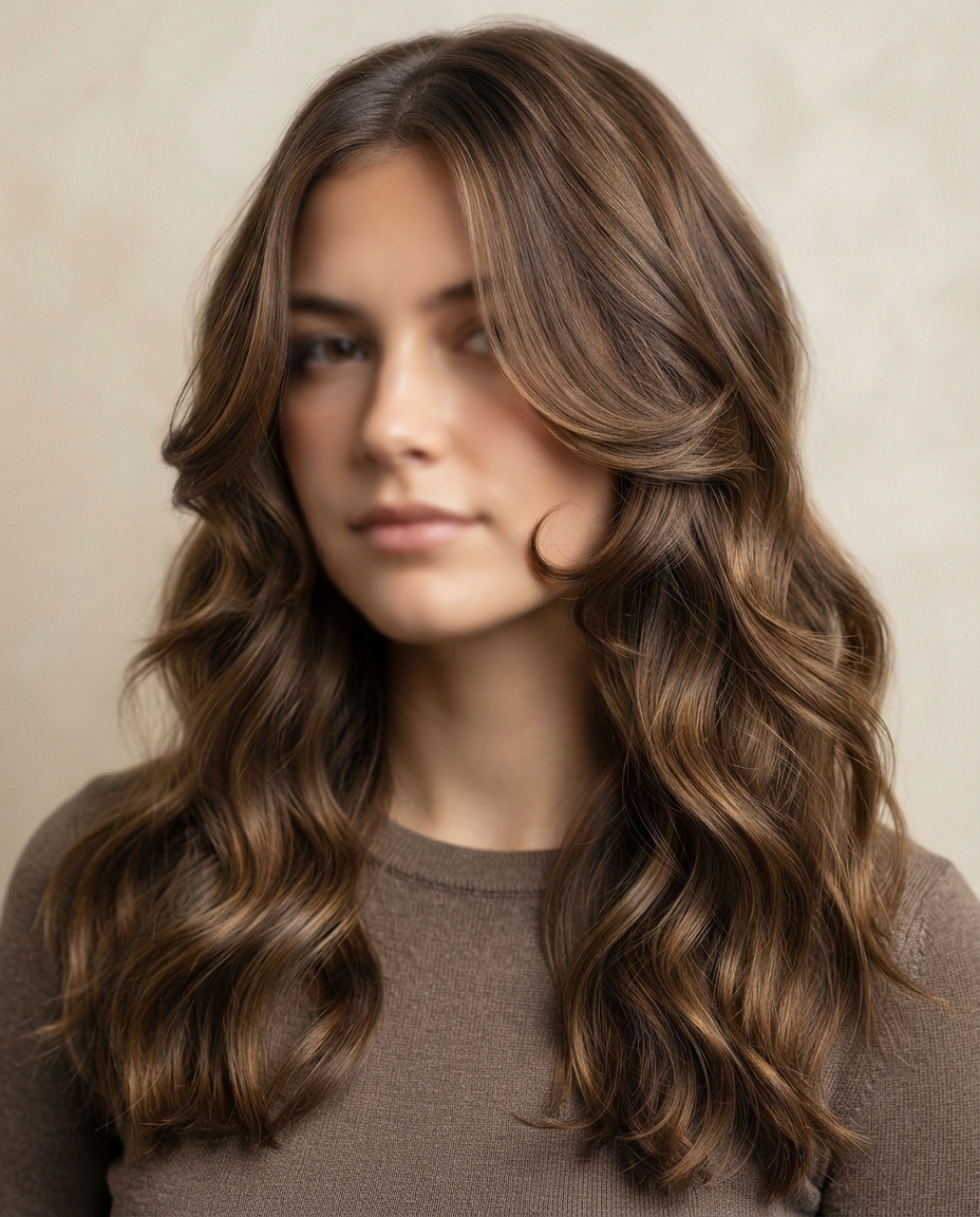 Woman with cheekbone-length face-framing layers curled inward.