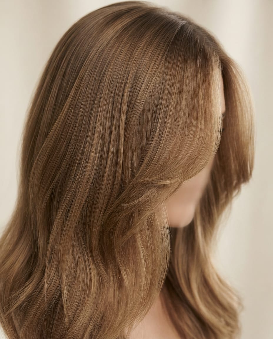 Woman with cheekbone-length face-framing layers styled with a deep side part