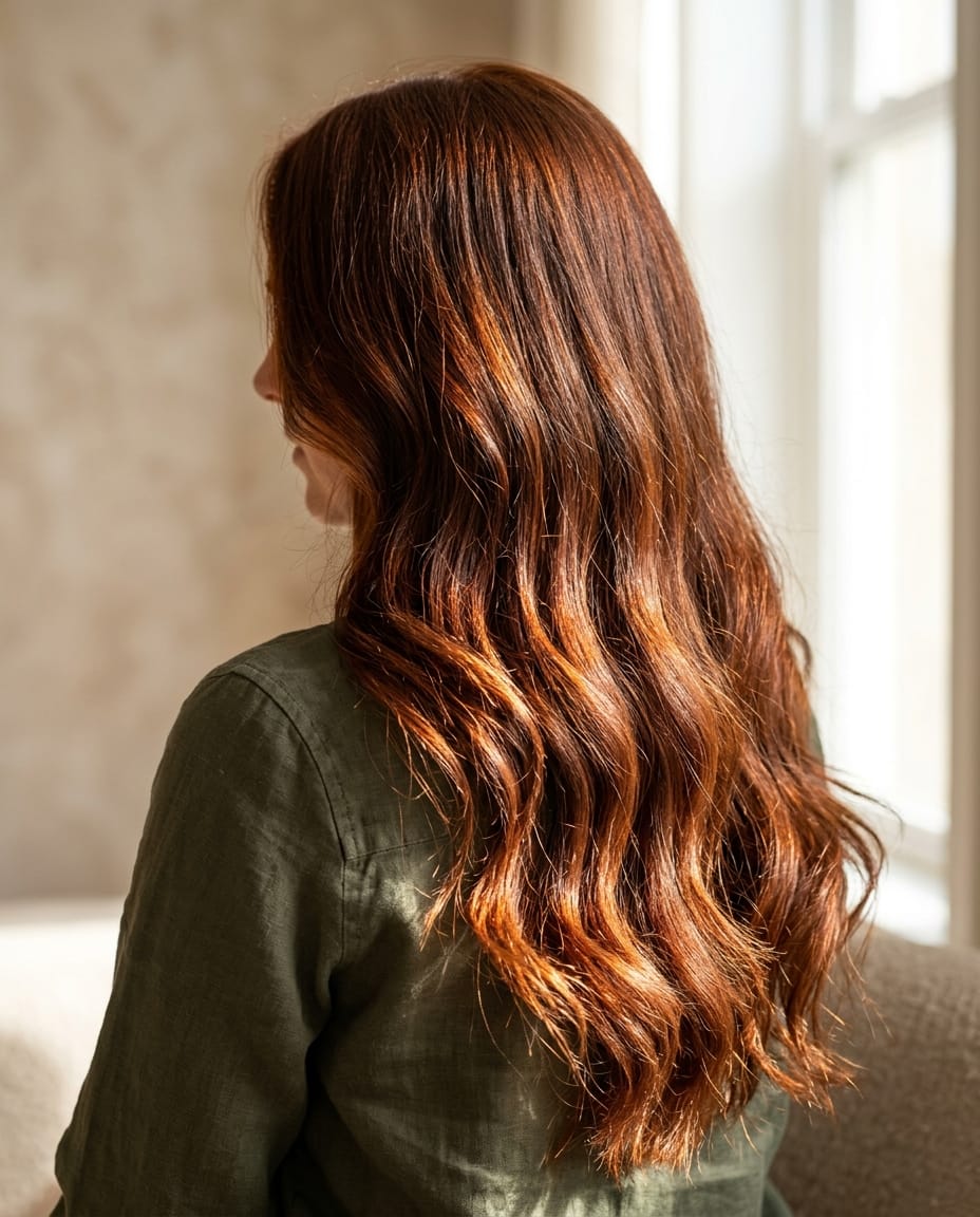 Woman with color-shifting auburn hair revealing copper undertones in sunlight