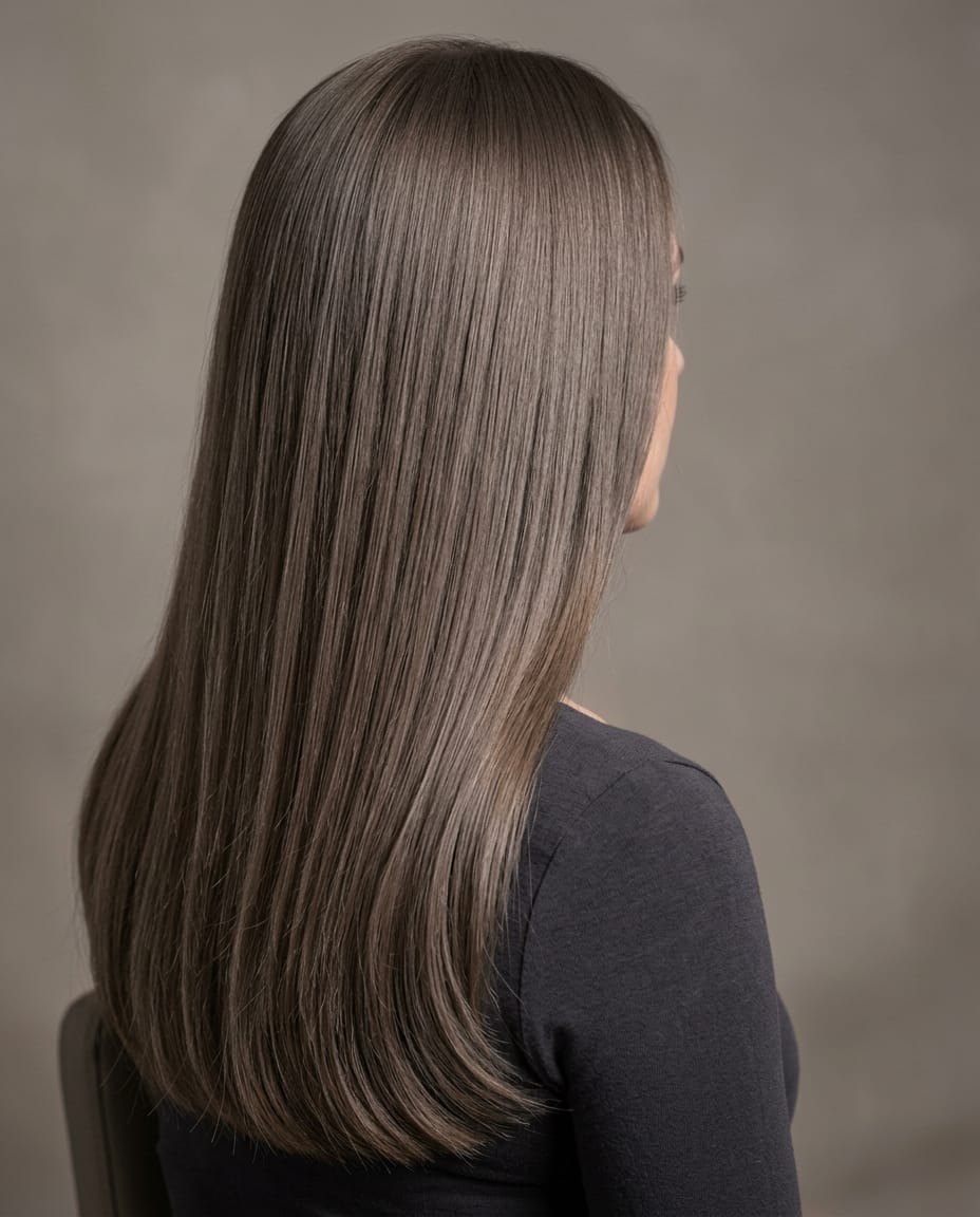 Woman with cool-toned ash brown hair color