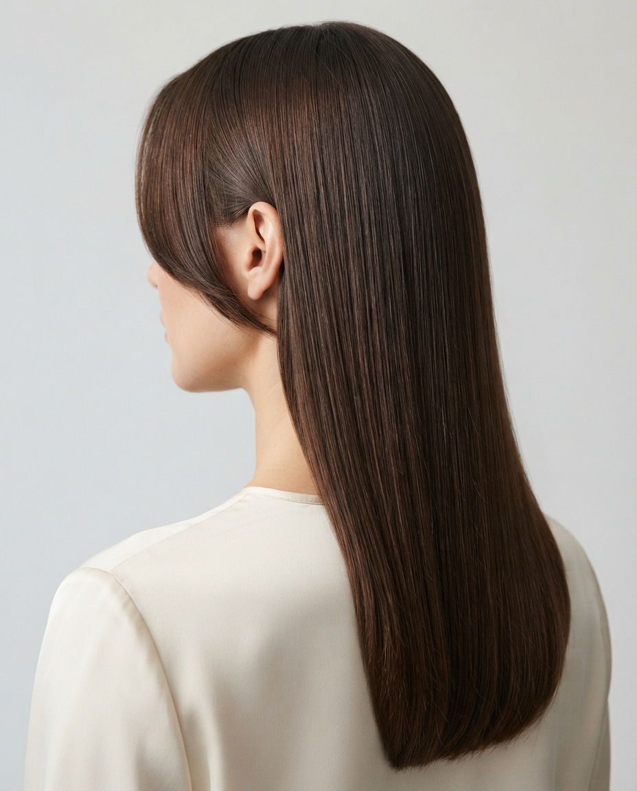 Woman with curtain-style face-framing layers tucked behind the ears.