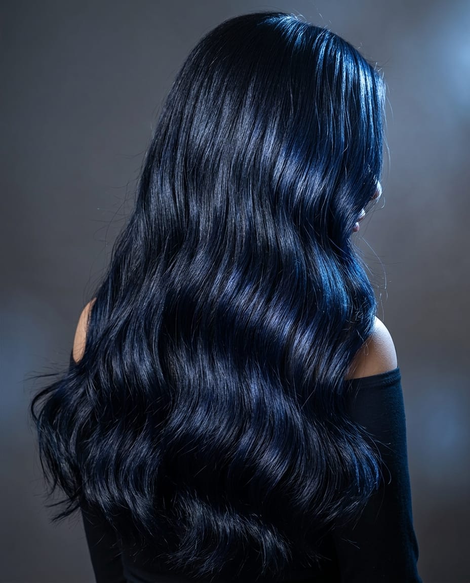 Woman with dark hair featuring a subtle sapphire-blue undertone