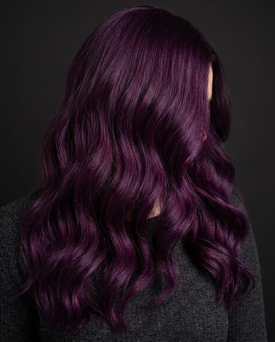 Woman with deep amethyst purple hair colo