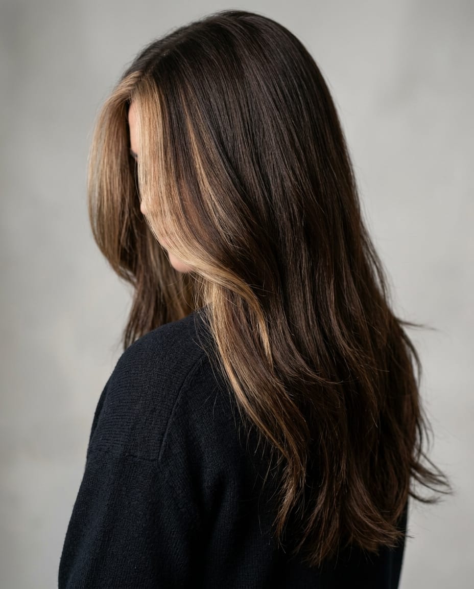 Woman with deep brunette hair and face-framing money-piece highlights.
