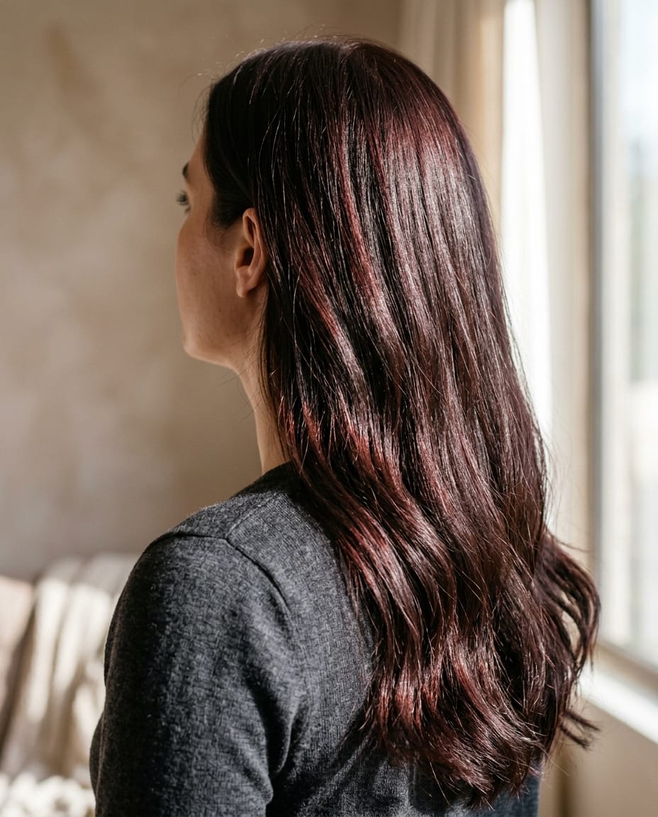 Woman with deep chocolate-cherry brunette hair color