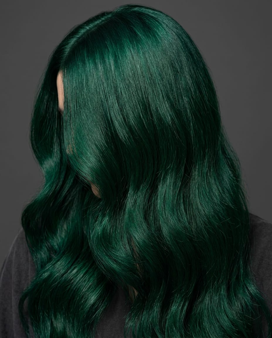 Woman with deep emerald green hair color.