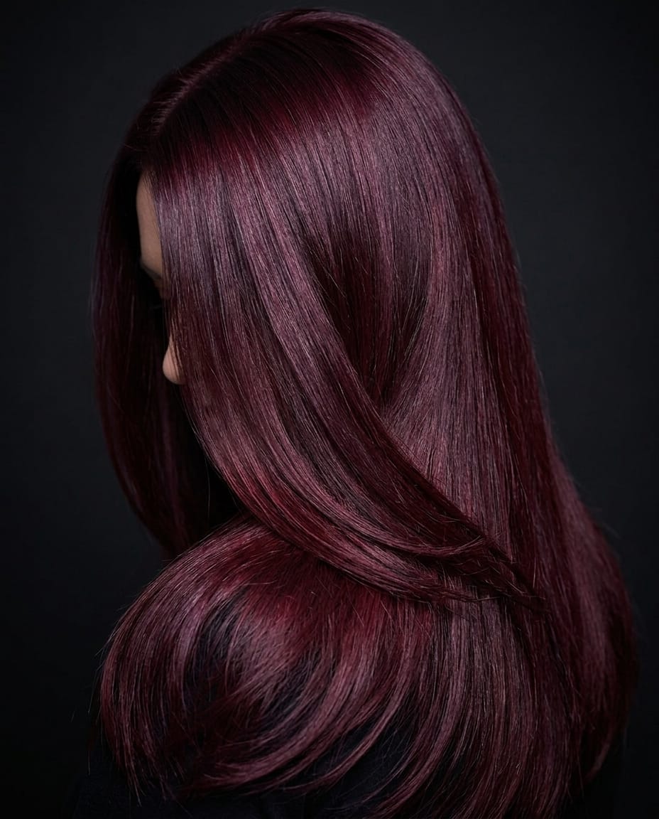 Woman with deep wine-red hair color