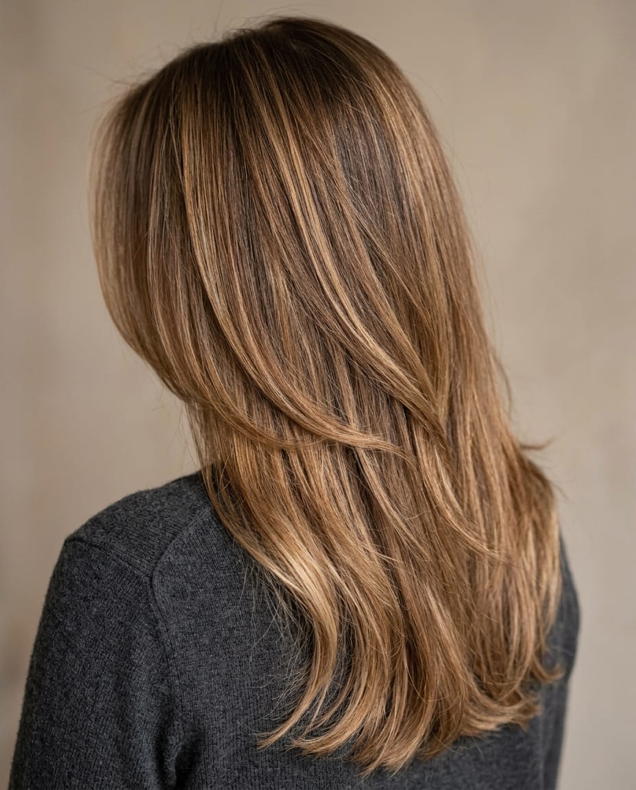 Woman with dimensional bronde hair color blending brown and blonde