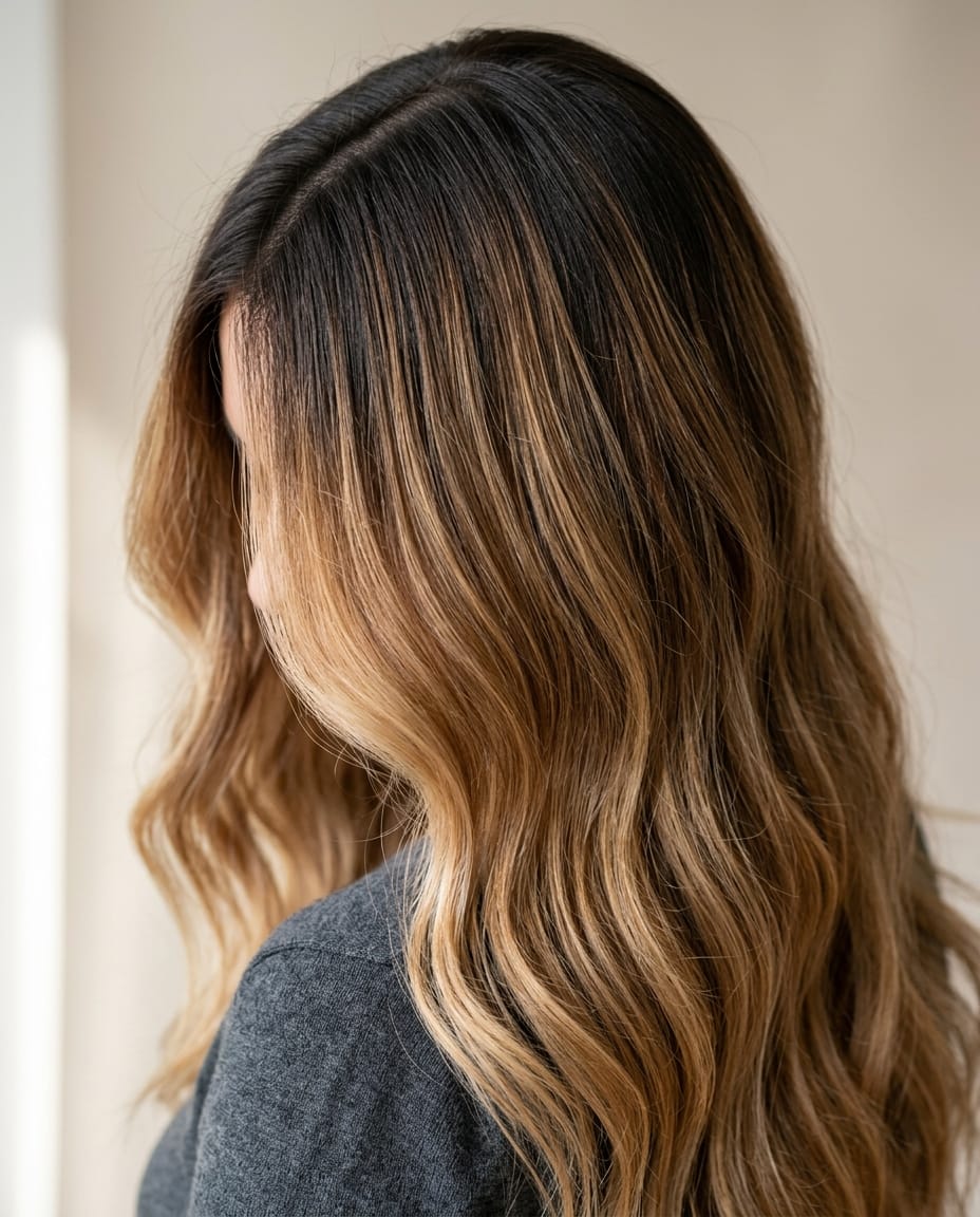 Woman with hair featuring a soft smudged root transition into lighter ends
