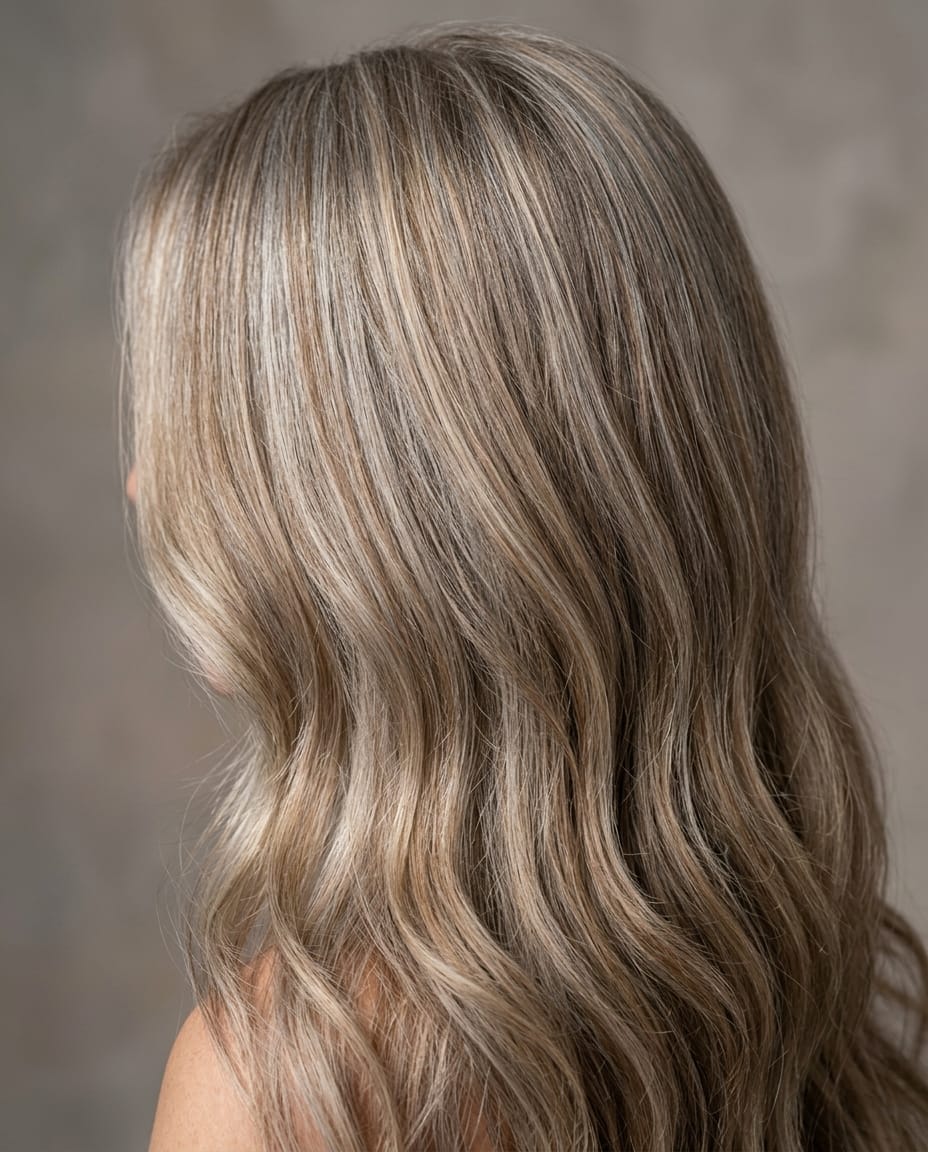 Woman with hair featuring softly blended natural gray and dimensional highlights