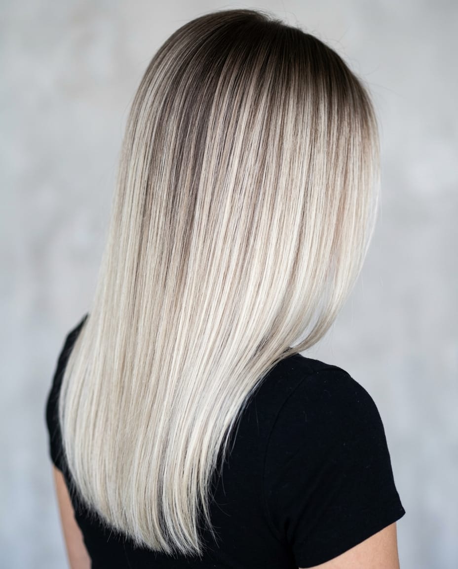 Woman with icy platinum blonde hair featuring a soft color-melt root