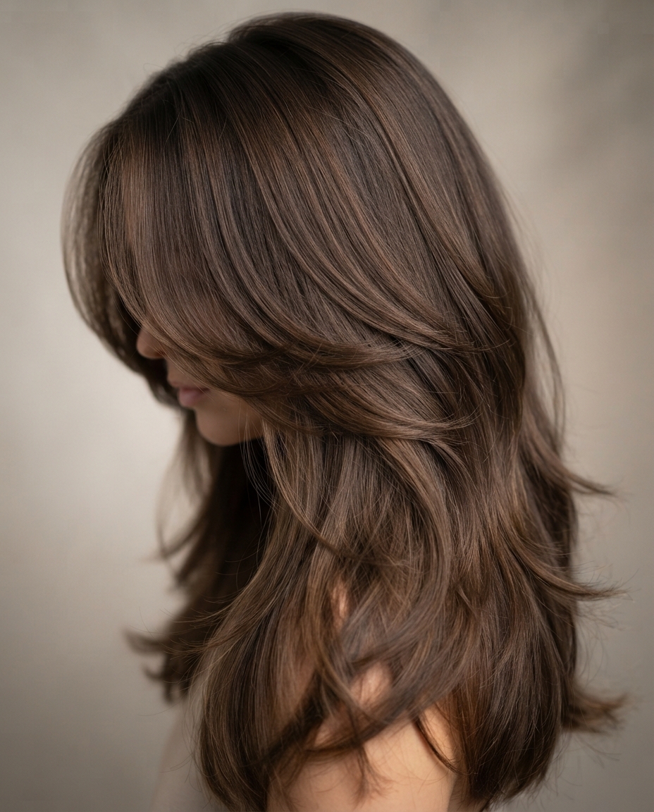 Woman with jaw-length face-framing layers blended into overall long layers