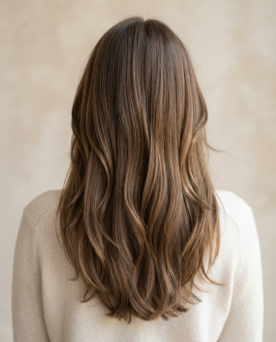 Woman with long hair featuring a wispy fringe and cheekbone-length front layers