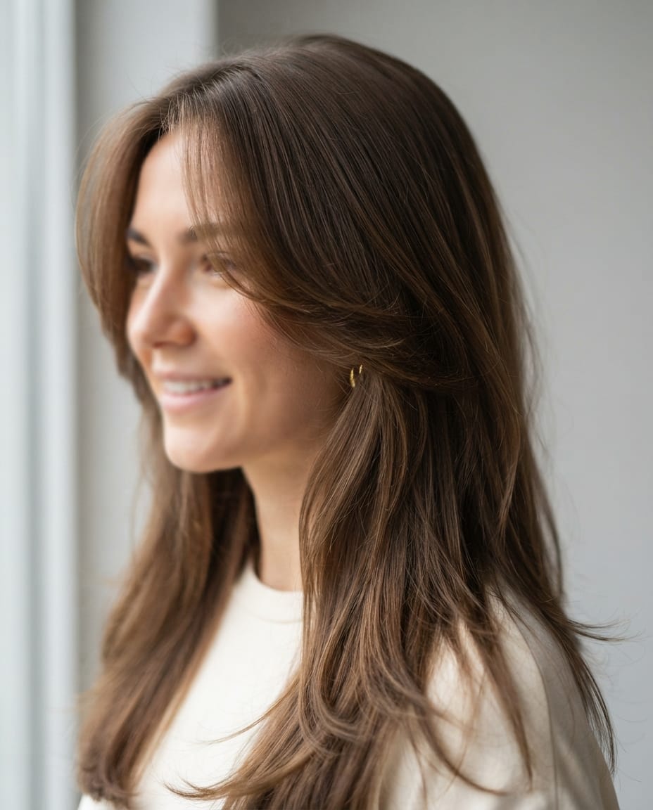 Woman with long hair featuring cheekbone-length face-framing layers