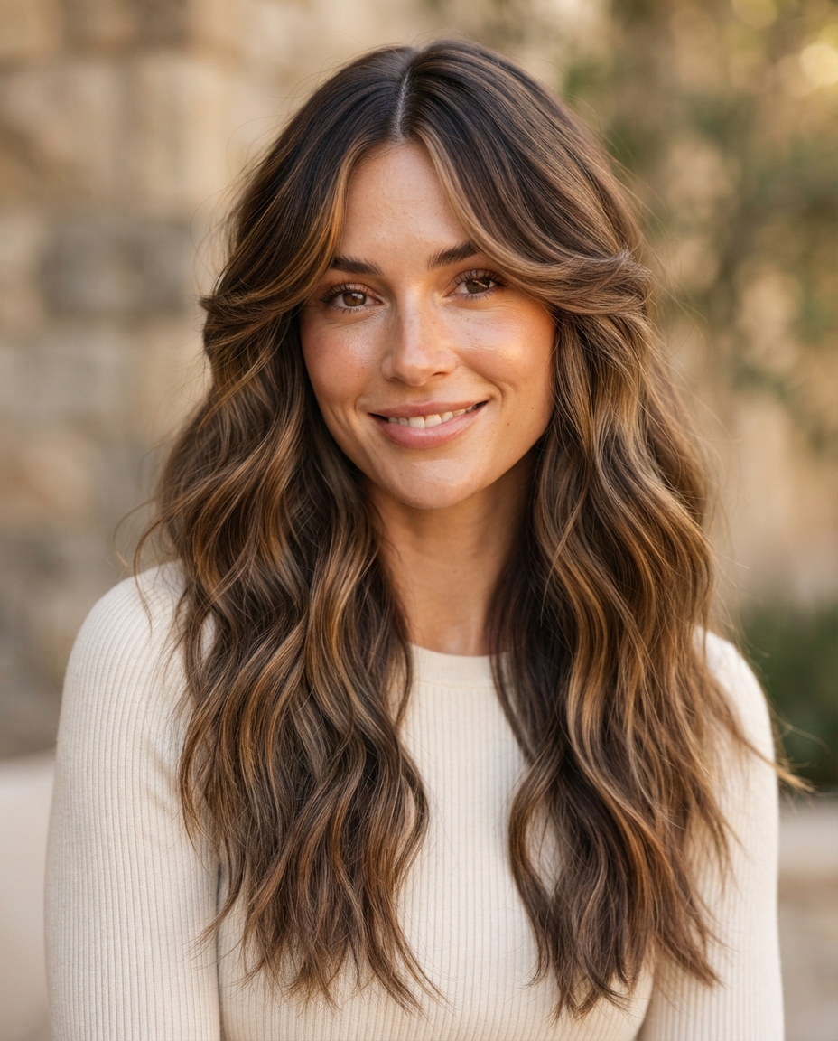 Woman with long hair featuring classic curtain-style face-framing layers.
