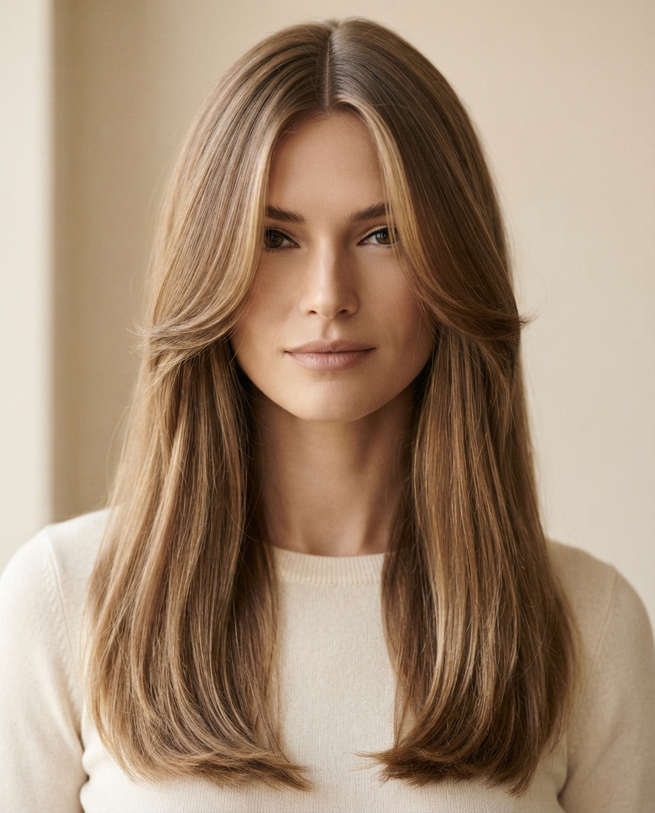 Woman with long hair featuring classic curtain-style face-framing layers