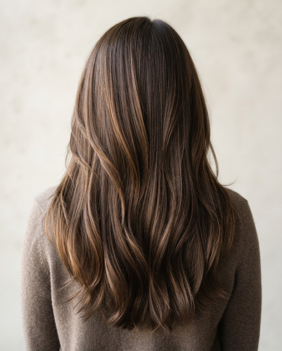 Woman with long hair featuring curtain bangs blended into front layers