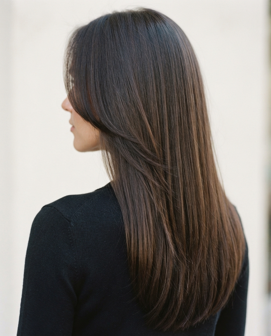 Woman with long hair featuring jaw-length face-framing layers