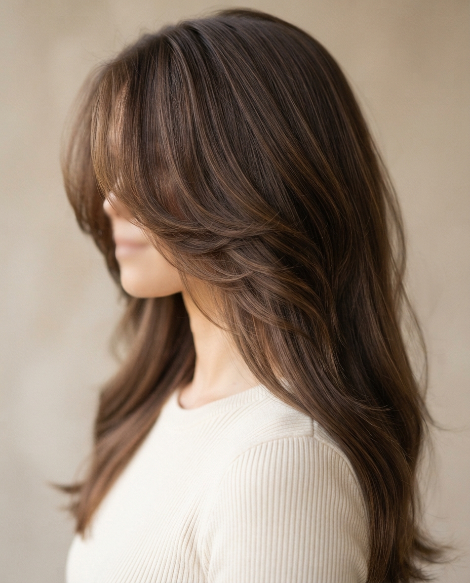 Woman with long hair featuring subtle shoulder-length front layers
