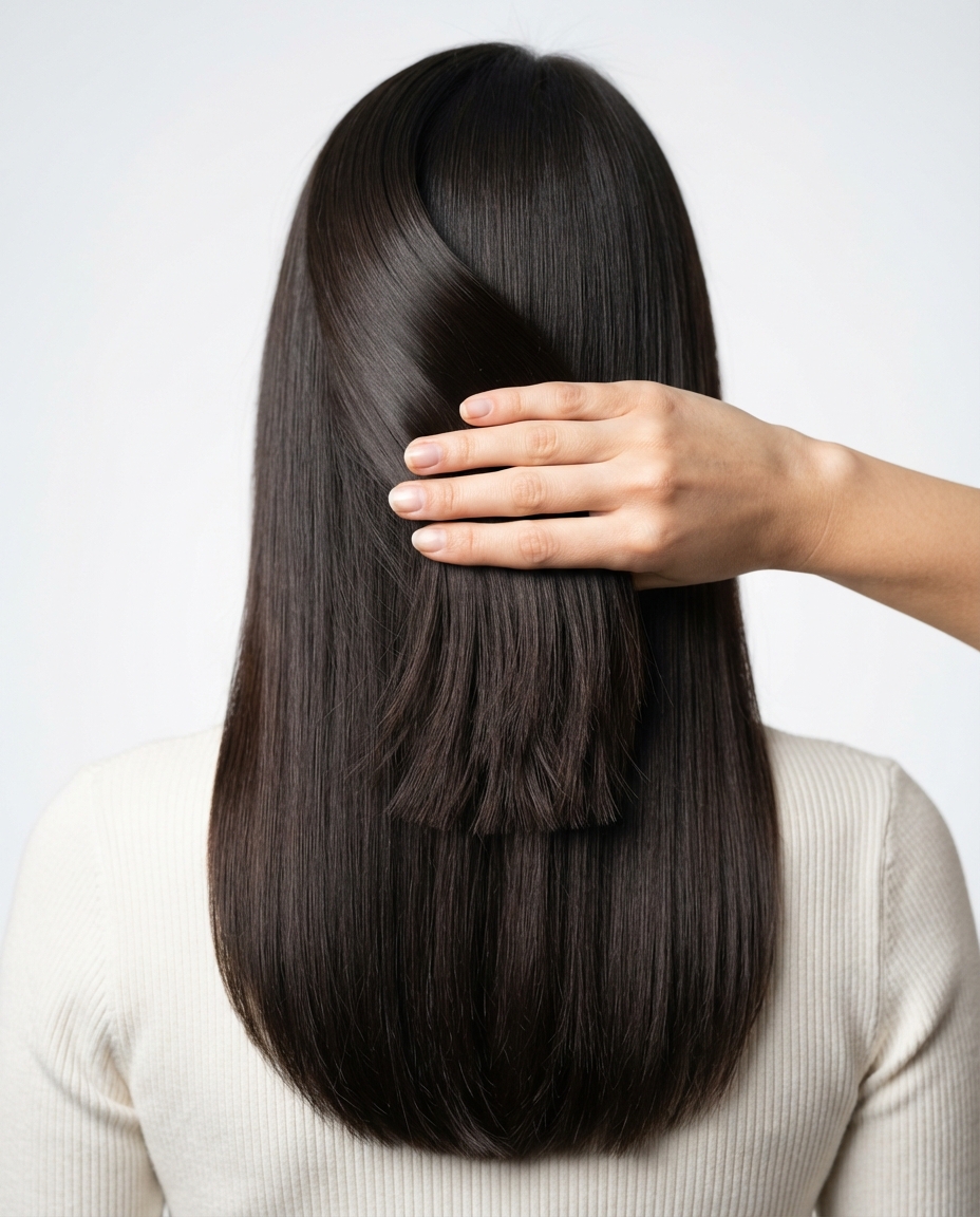 Woman with long straight hair featuring a blunt outer edge and hidden internal layers
