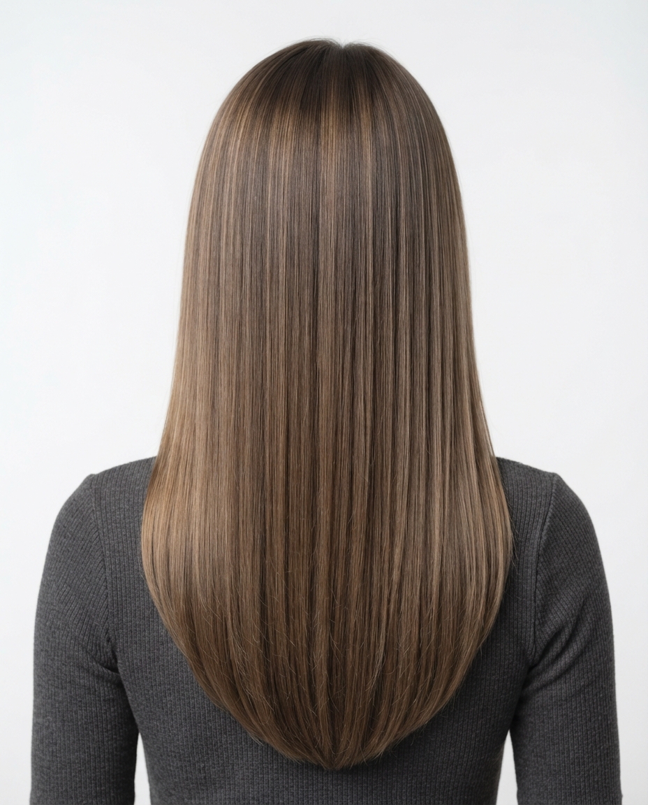 Woman with long straight hair featuring a center part and minimal wide layering