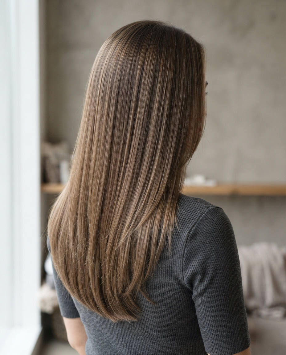 Woman with long straight hair featuring barely-there subtle layering