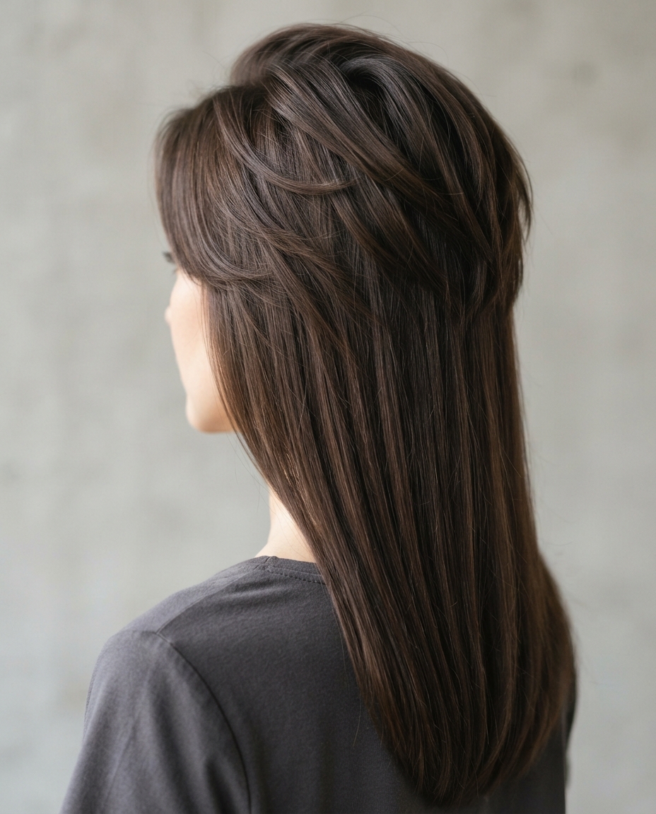 Woman with long straight hair featuring crown-lifted layers for added volume