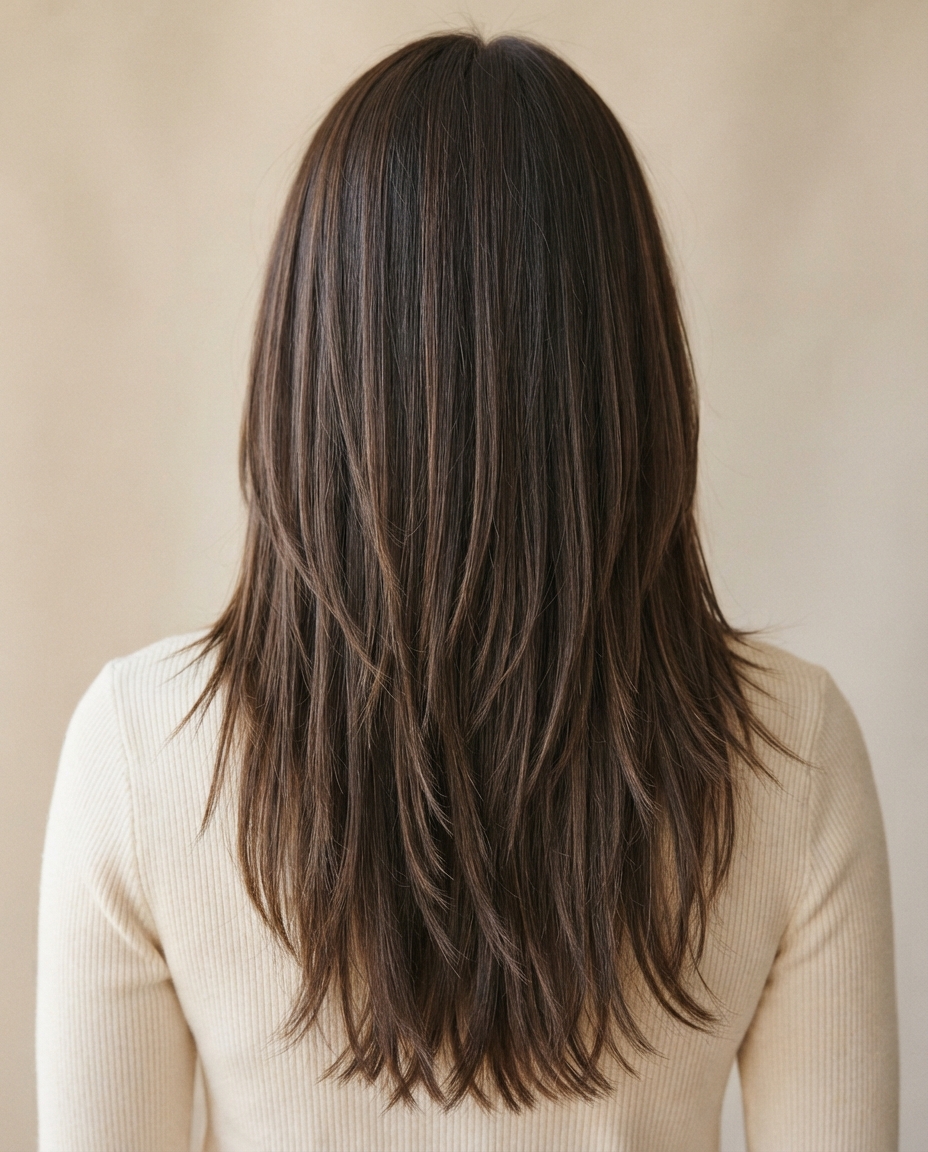 Woman with long straight hair featuring point-cut textured layered ends