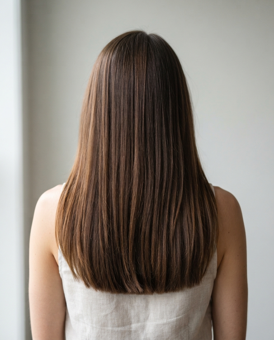 Woman with long straight hair featuring precise cheekbone-length face-framing layers