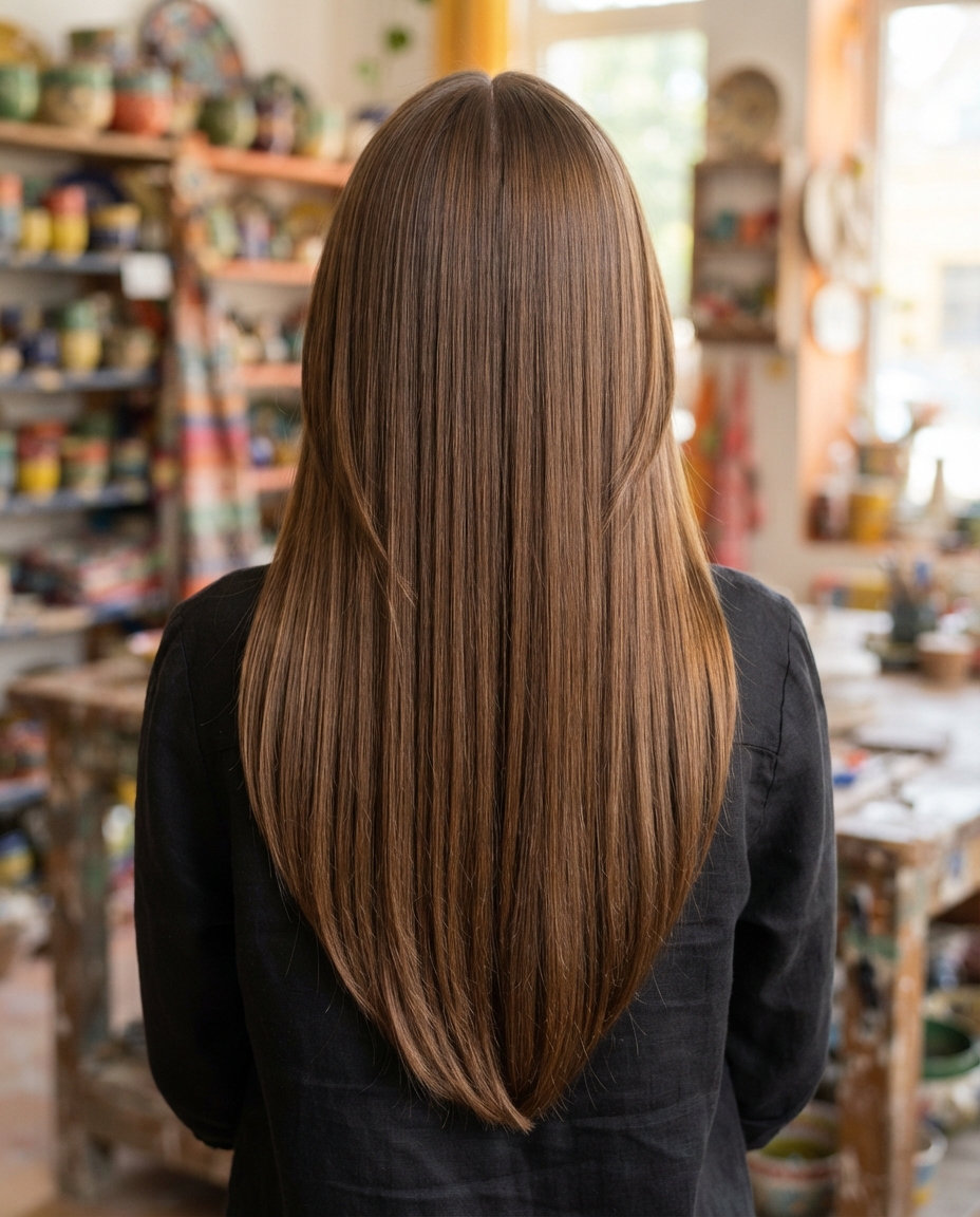 Woman with long straight hair featuring sleek curtain-style face-framing layers