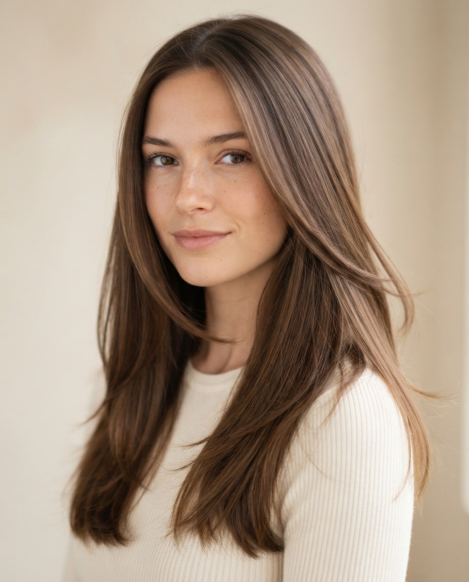 Woman with long straight hair featuring smoothly blended slide-cut layers