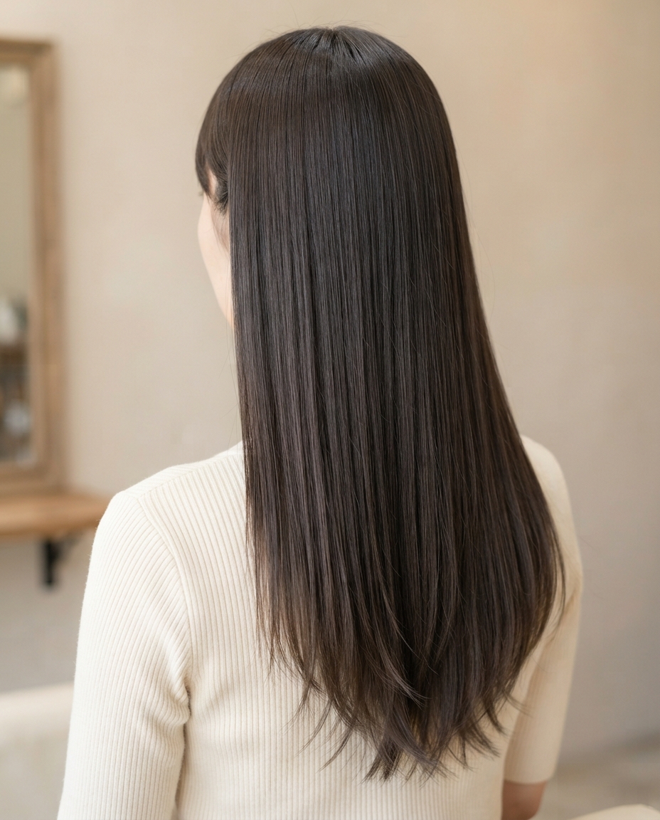 Woman with long straight hair featuring softly tapered razor-cut ends